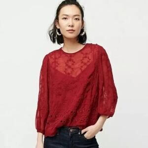 J Crew Top Burgundy Eyelet Lace Embroidered Floral Romantic Holiday Red Size S